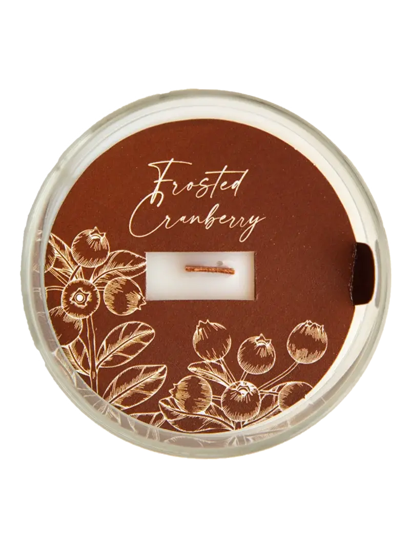 Frosted Cranberry scented candle with botanical label, cozy farmhouse home decor