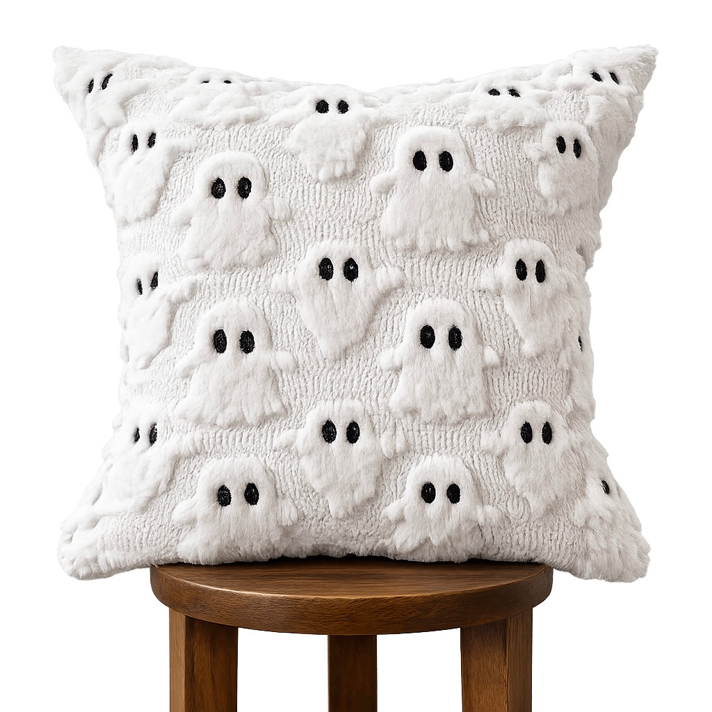 A square white throw pillow with a 3D textured ghost pattern and black embroidered eyes, displayed on a wooden stool against a white background.