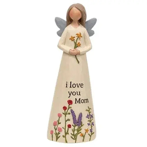 Angel figurine with 'i love you Mom' text and floral design on a white background