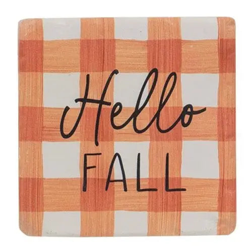 Checkered mat with 'Hello Fall' text on a white background