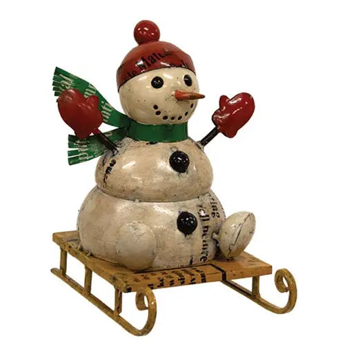 Mr. McFlurry Recycled Metal Sledding Snowman – Christmas Decor