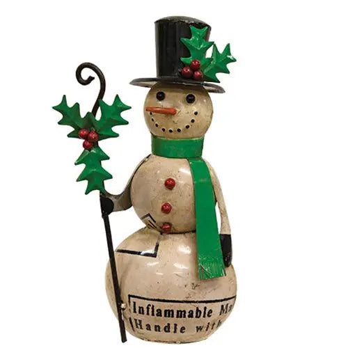 Recycled Metal Alpine Snowman with Walking Stick