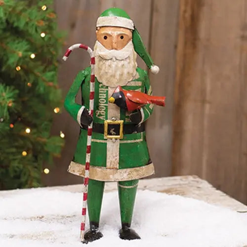 Recycled Metal Green Coat Santa with Candy Cane & Cardinal