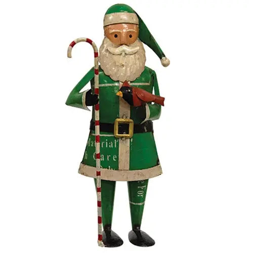Recycled Metal Green Coat Santa with Candy Cane & Cardinal