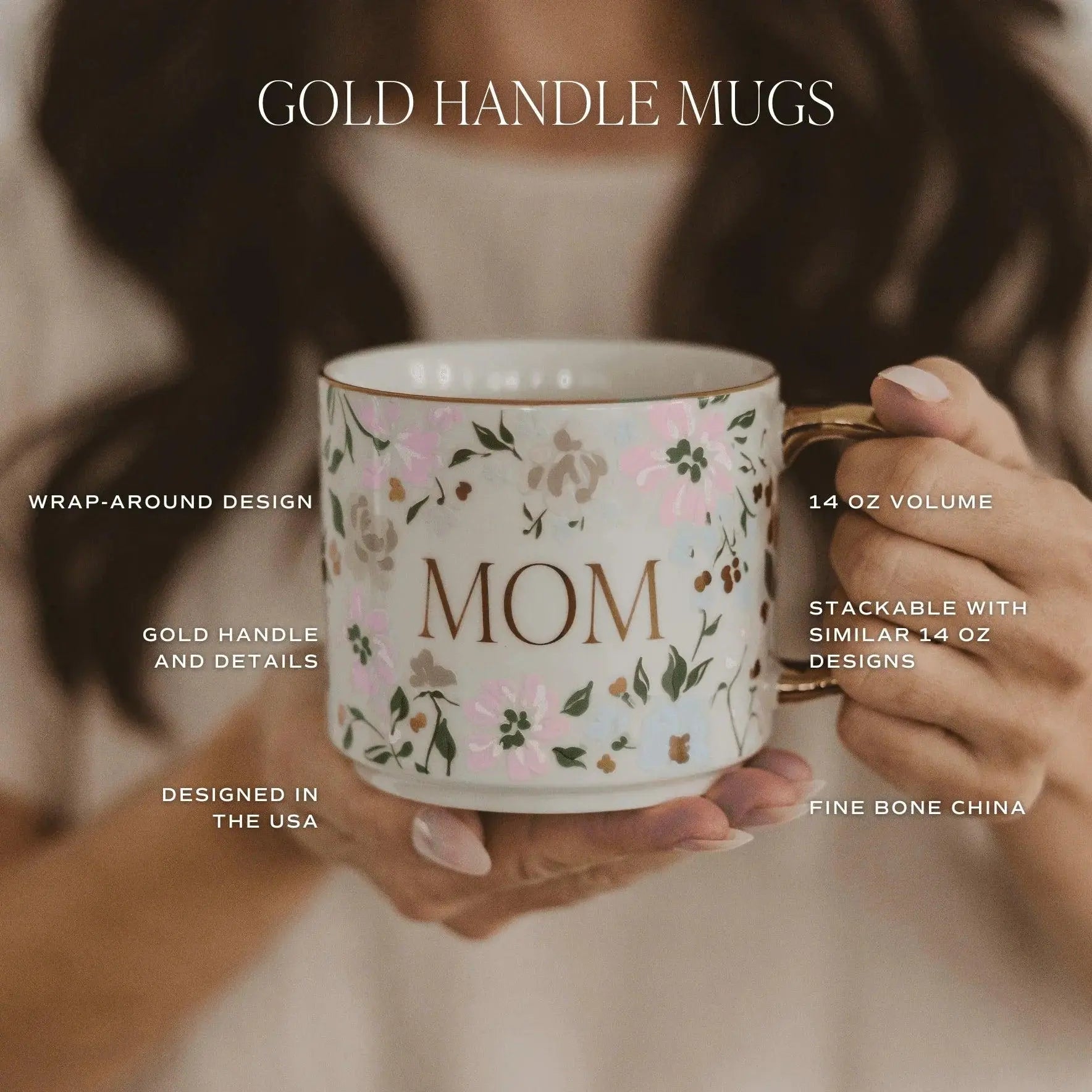 Floral 'MOM' mug with gold handle, fine bone china, 14 oz, farmhouse cottage style home decor