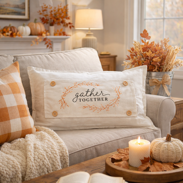 Cozy living room with 'gather together' pillow, pumpkins, and candles