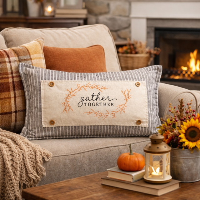 Cozy living room with a 'gather together' pillow on a couch, fireplace, and autumn decor.