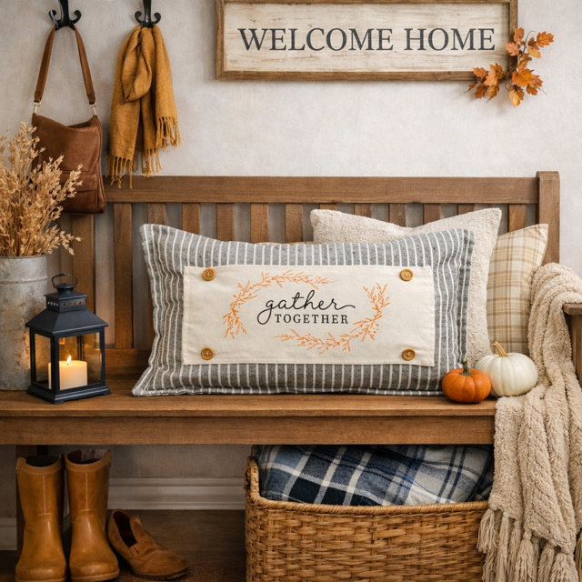 Nestled corner with a wooden bench, decorative pillows, a 'Welcome Home' sign, and autumn decor.