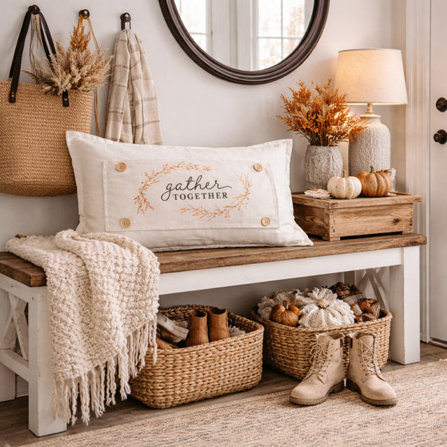 Nestled entryway with a wooden bench, decorative pillow, and autumn-themed decor.