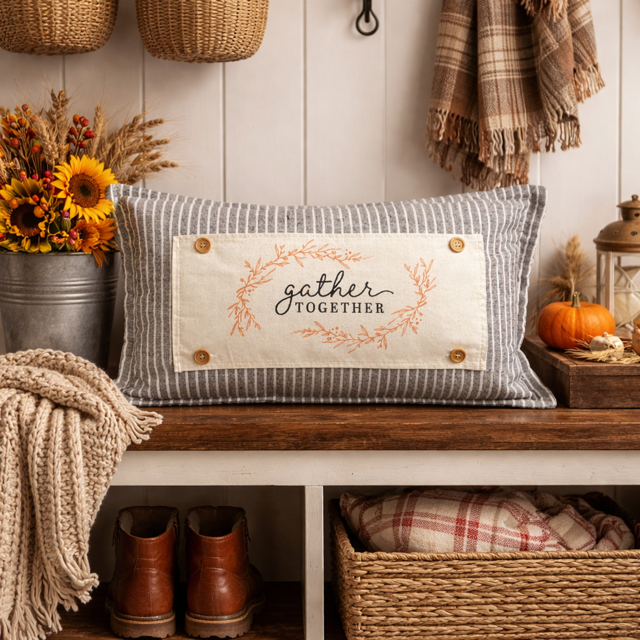 Decorative pillow with 'gather together' text on a wooden bench with autumn decor.