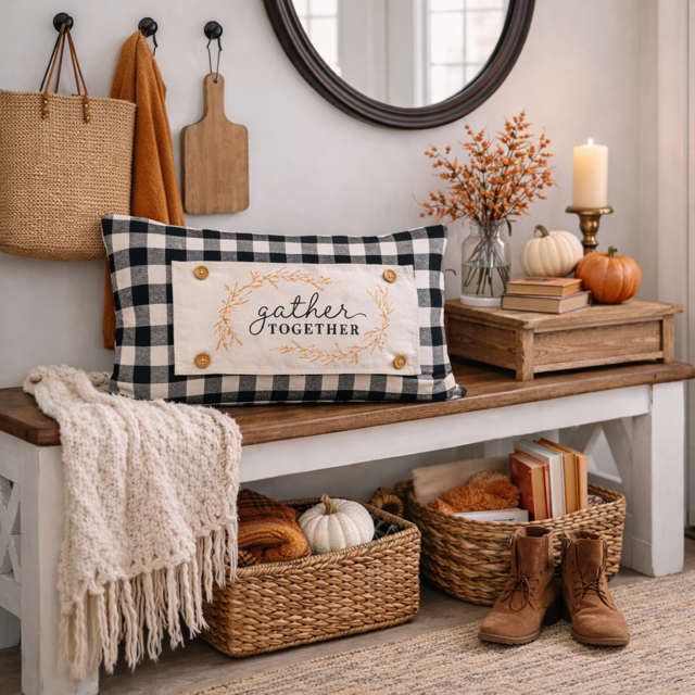 Nestled entryway with a wooden bench, plaid pillow, and decorative items.