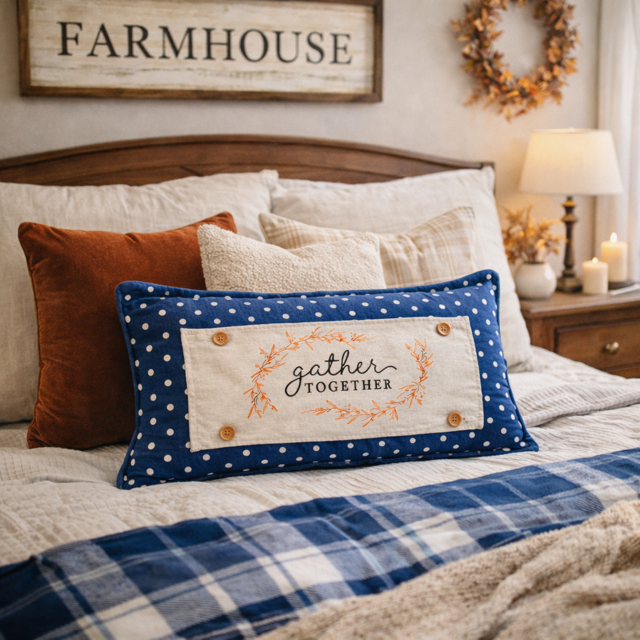 Decorative pillow with 'gather together' text on a bed in a bedroom setting.