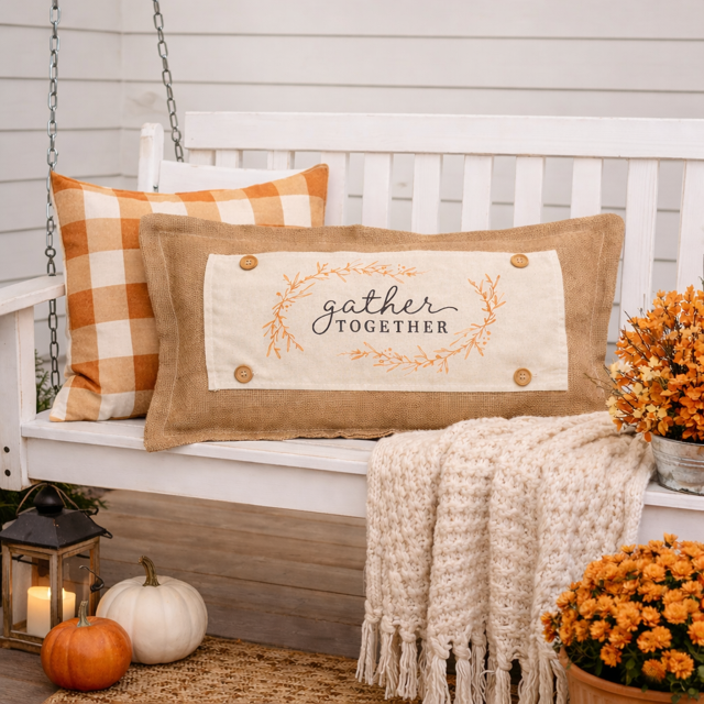 Decorative pillows with 'gather together' text on a white bench with autumn decorations.
