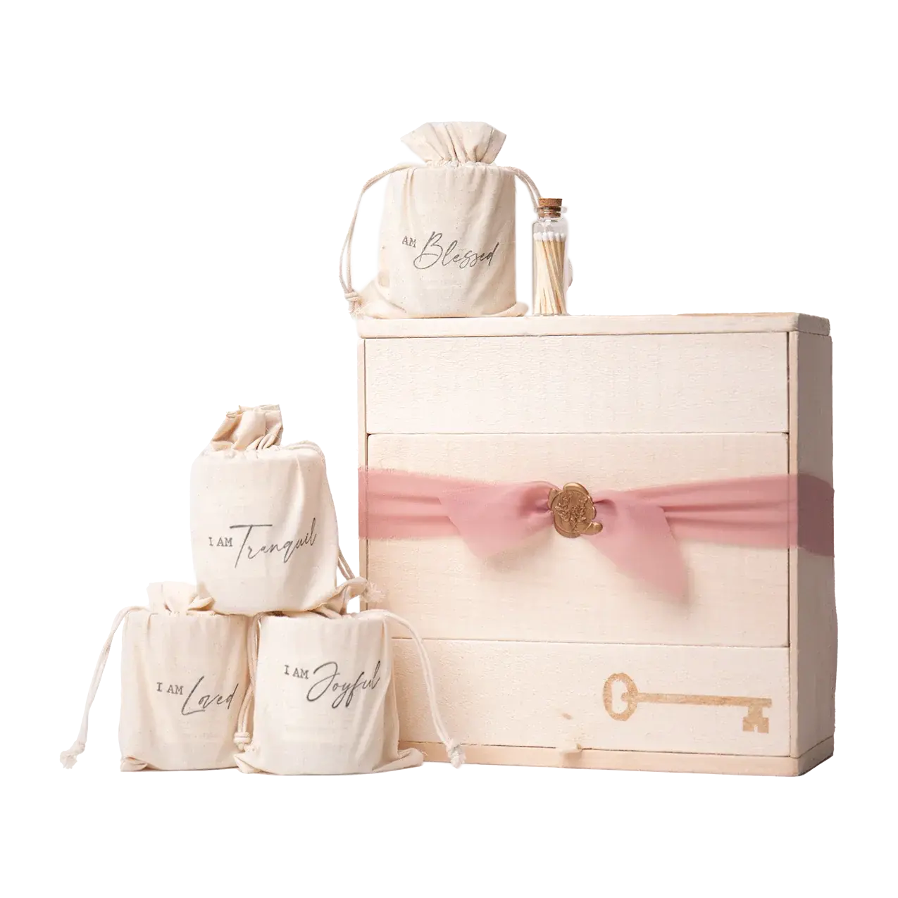 Cozy farmhouse gift set with wooden box, pink ribbon, and affirmations like 'I Am Blessed' and 'I Am Joyful'