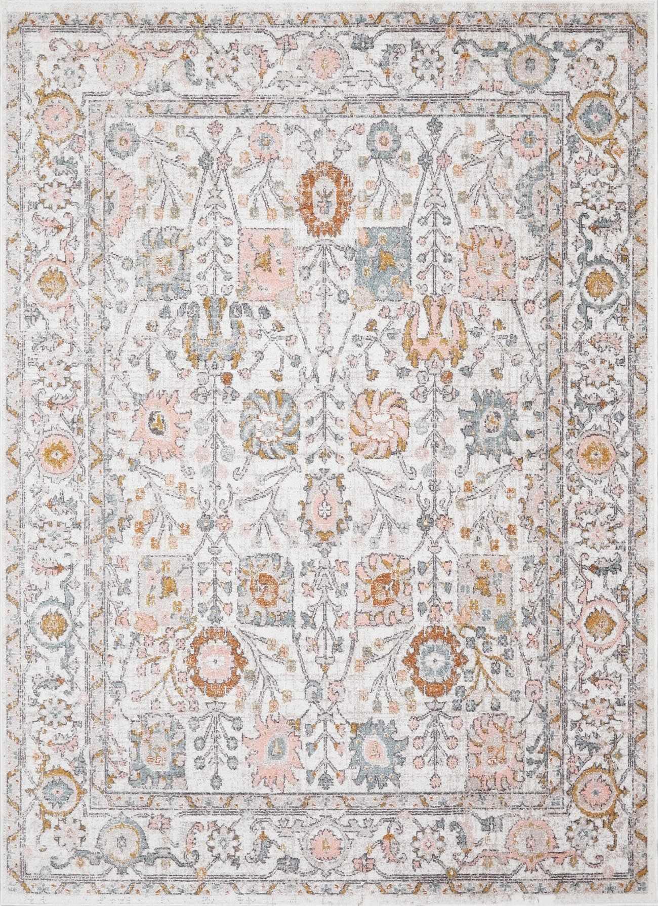 Vintage-inspired floral area rug with pastel hues for cozy farmhouse decor