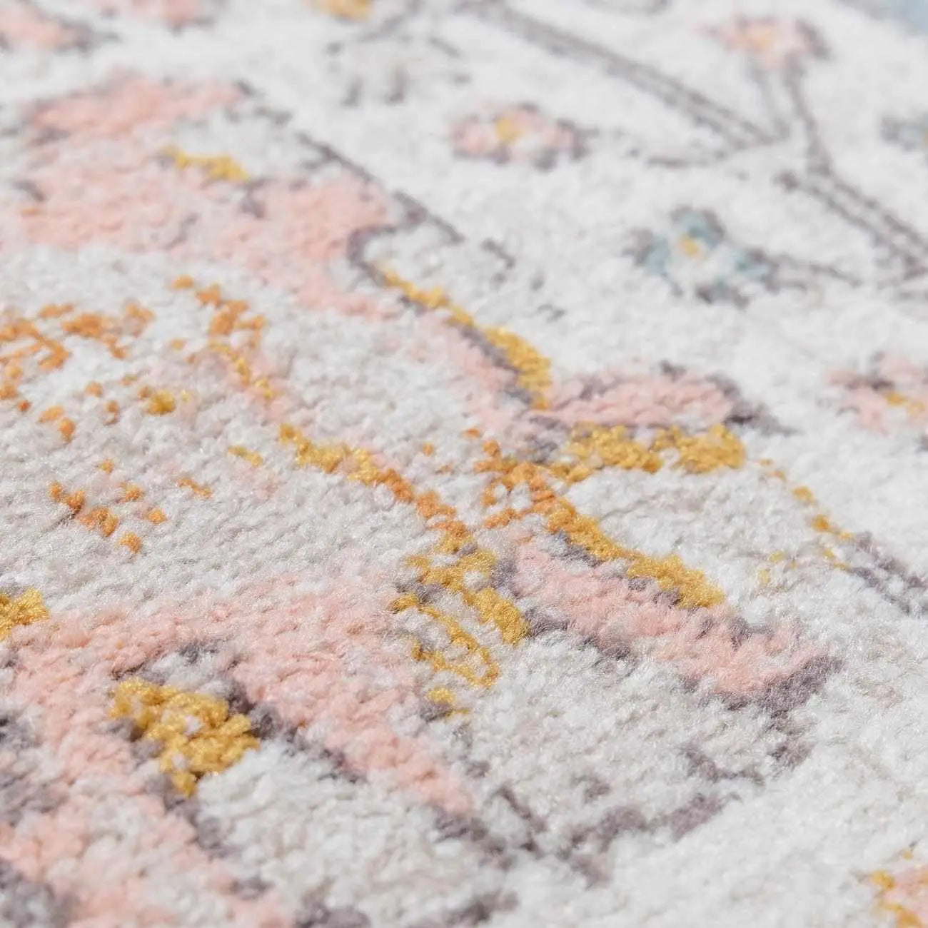 Soft pastel floral rug with pink, gold, and gray accents for cozy farmhouse decor