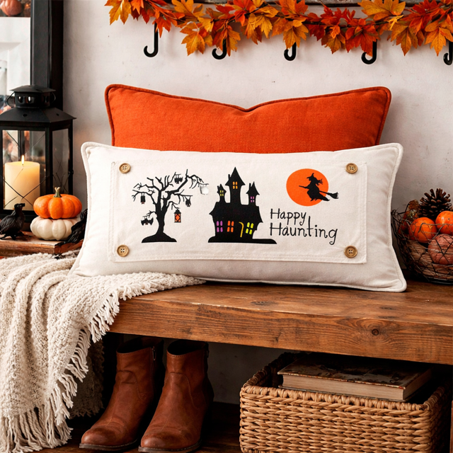 Decorative pillow with Halloween design on a wooden bench with autumn decorations.
