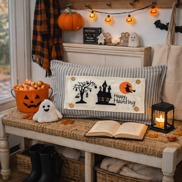 Halloween-themed decor with a pillow, pumpkins, and ghost on a bench.