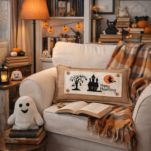 Cozy living room with Halloween decor, including a pillow with a haunted house design and ghostly figures.