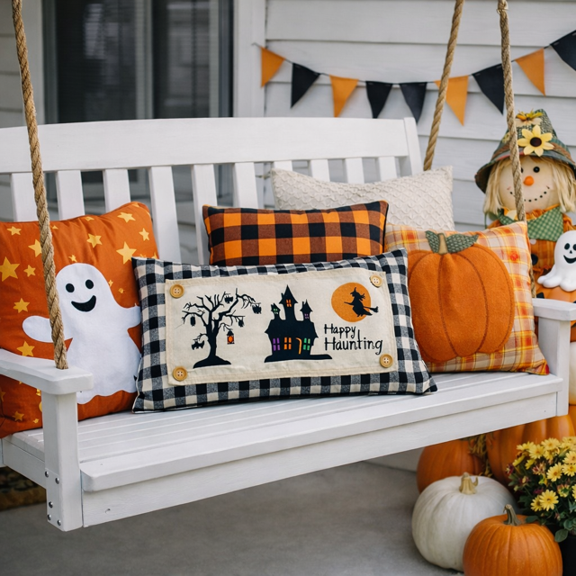 Decorative porch swing with Halloween-themed pillows and pumpkins on a porch.