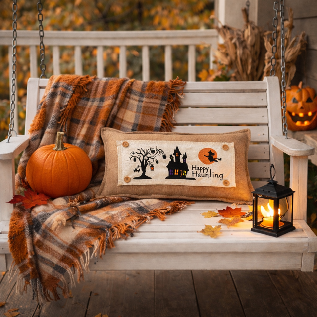 White bench with Halloween decorations including a pumpkin, plaid blanket, and 'Happy Haunting' pillow.