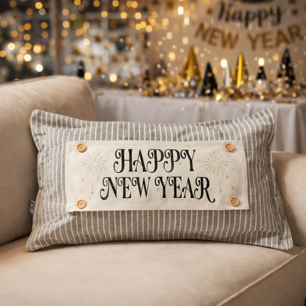 A rectangular throw pillow with a gray and white striped fabric and a cream center panel reading 'HAPPY NEW YEAR' in black script, placed on a beige sofa with blurred holiday lights and decorations in the background.