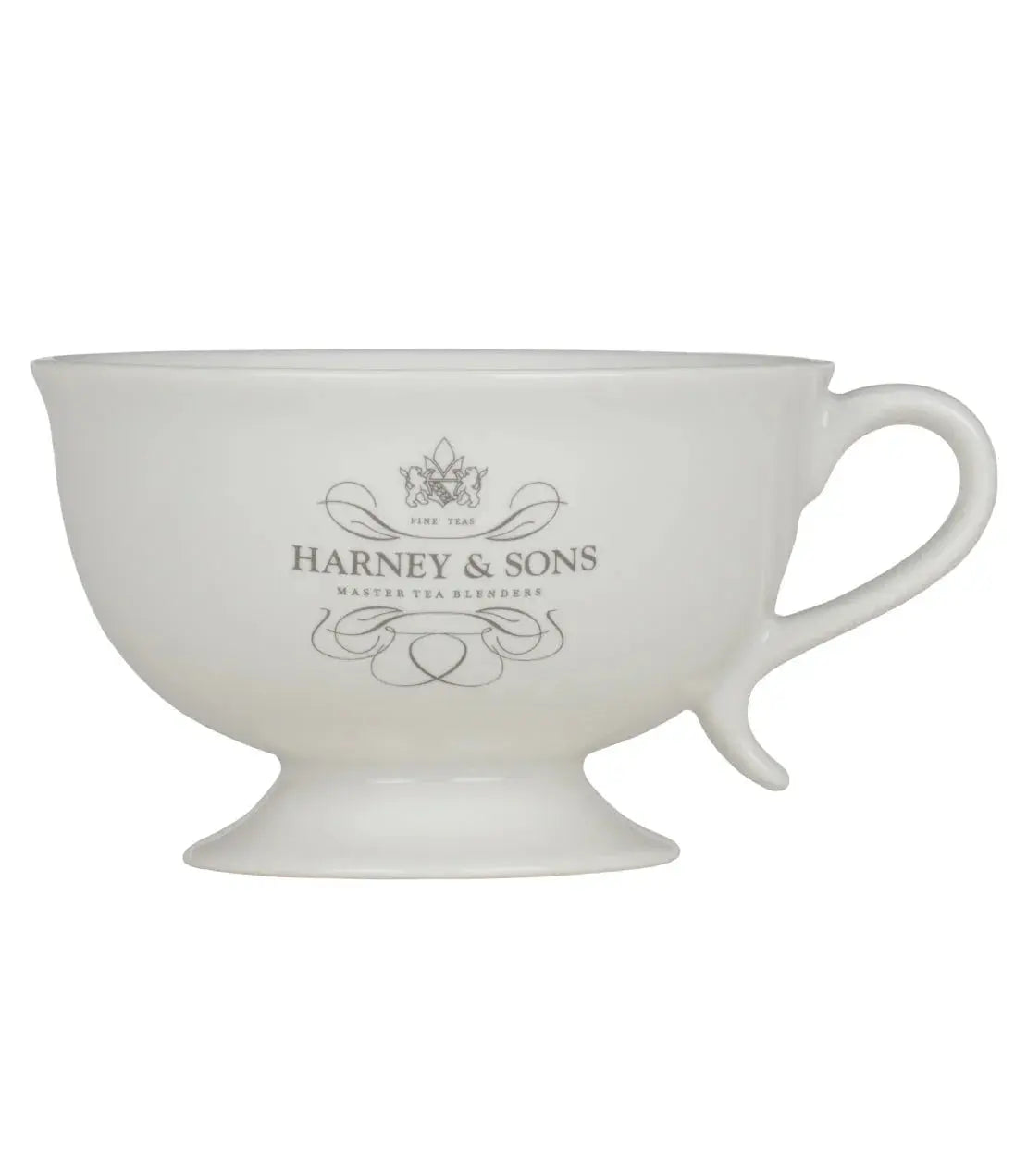 White Harney & Sons tea cup with elegant logo, farmhouse cottage style decor