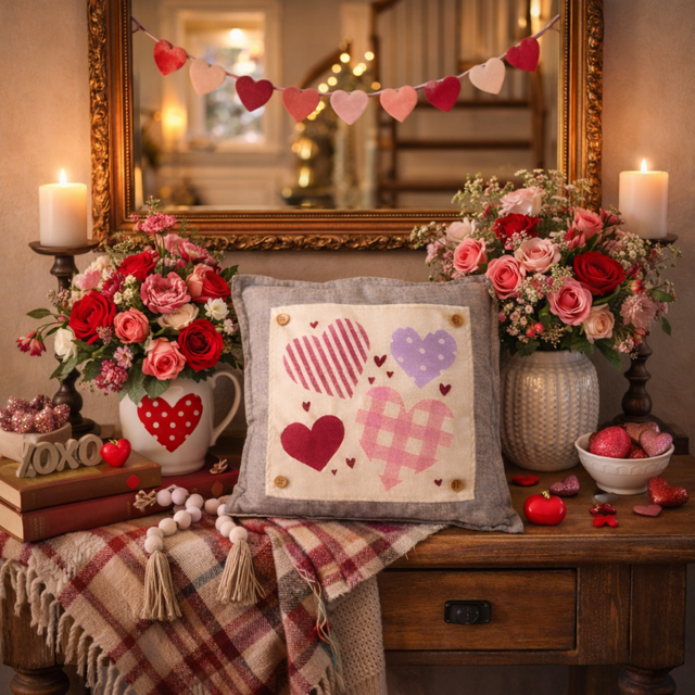 A square gray throw pillow with a patchwork heart design sits on a wooden console table in a romantic, Valentine's Day-themed room. The pillow features three hearts in red and pink tones on a cream fabric background.