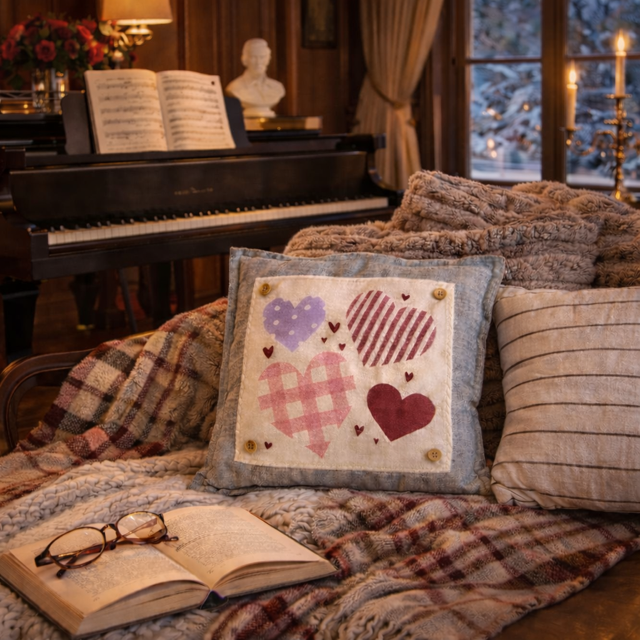 A cozy indoor scene with a decorative square throw pillow on a bed or sofa, surrounded by plaid blankets, an open book, glasses, a piano, and a window with warm lights. The pillow features four embroidered hearts in purple, pink, and red on a cream background with a blue-gray border.