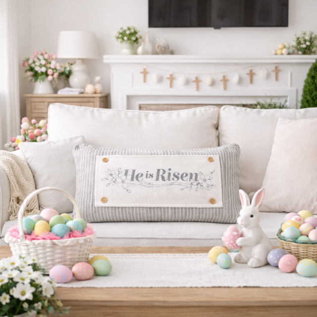 Living room with Easter decorations including a 'He is Risen' pillow, Easter eggs, and a bunny.