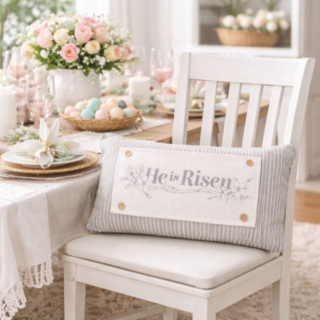 Easter-themed table setting with 'He is Risen' pillow on a chair.