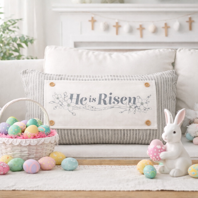 Decorative Easter scene with 'He is Risen' pillow, Easter eggs, and bunny figurine on a white couch.
