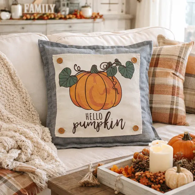 Decorative pillow with 'Hello Pumpkin' text on a couch with pumpkins and candles.