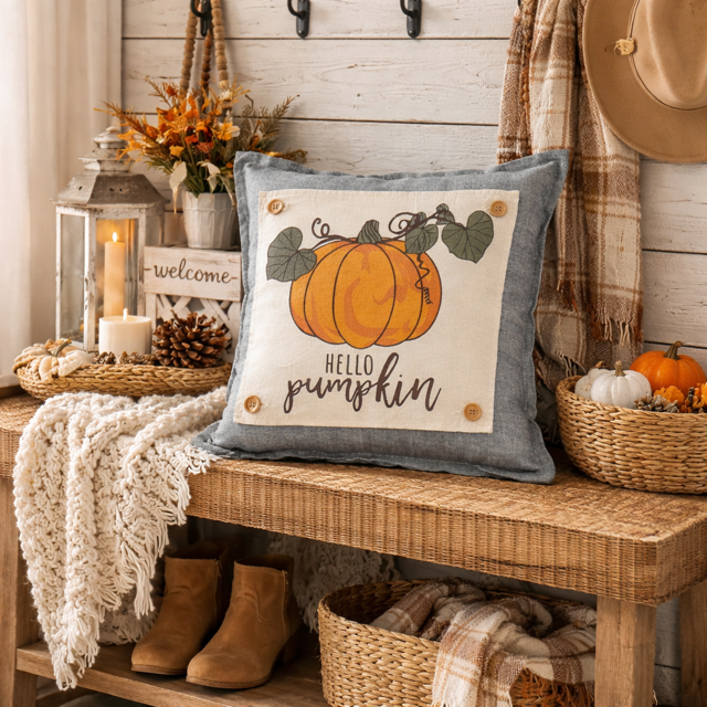 Decorative pillow with pumpkin design on a wooden bench in a cozy room.