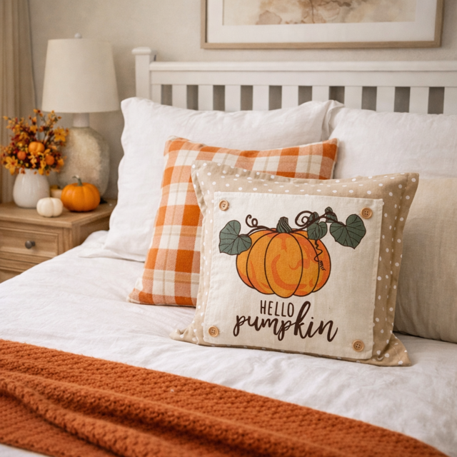 Bedroom with a bed featuring decorative pillows and pumpkins, autumn-themed decor.