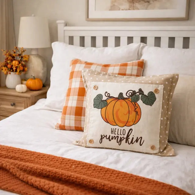 Bedroom with a bed featuring decorative pillows and pumpkins, autumn-themed decor.