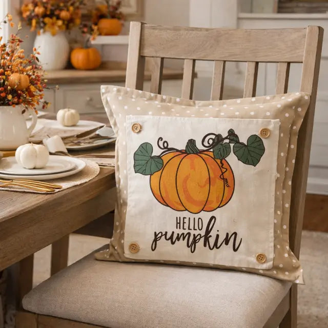 Decorative pillow with pumpkin design and 'Hello Pumpkin' text on a chair in a cozy dining room.