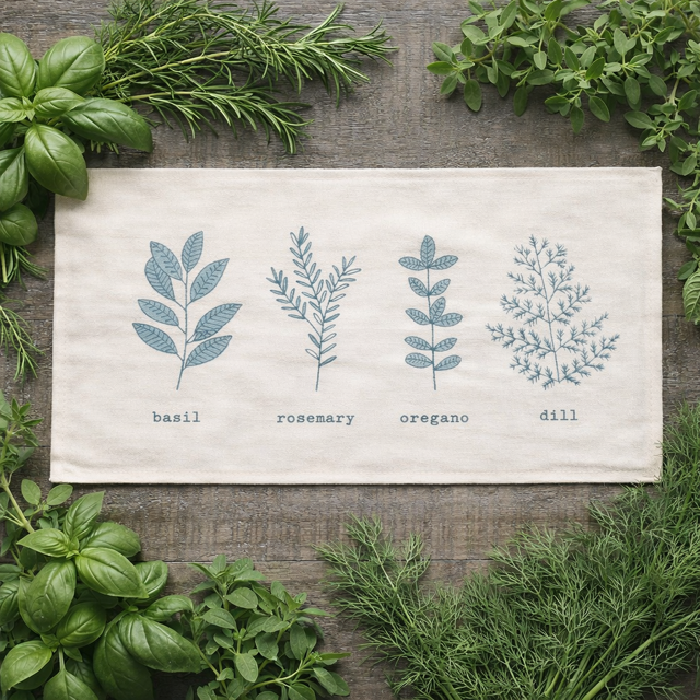 A rectangular cream linen kitchen towel with blue botanical illustrations of basil, rosemary, oregano, and dill, laid flat on a rustic wooden surface and surrounded by fresh green herbs.