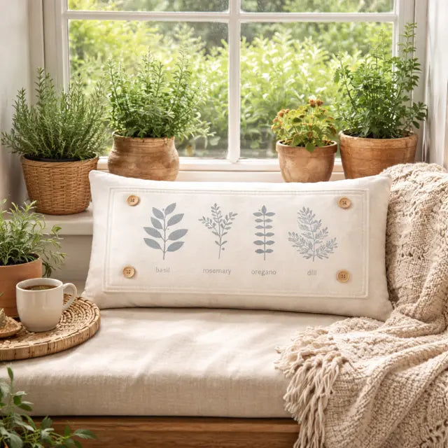 A rectangular cream throw pillow with embroidered botanical designs and labels (basil, rosemary, oregano, sage) sits on a cushioned bench in a sunlit room with potted plants and a knitted blanket.