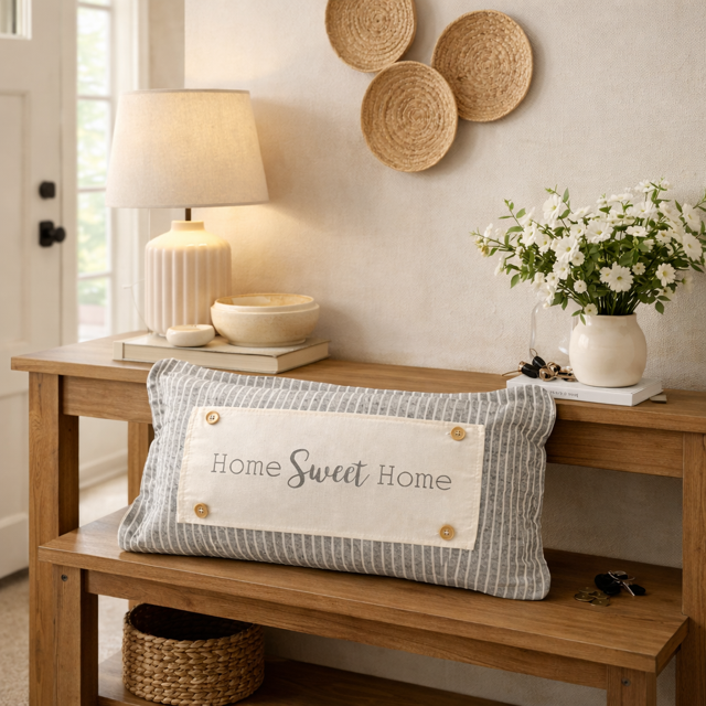 Nestled entryway with wooden bench, 'Home Sweet Home' pillow, lamp, and decorative plates.
