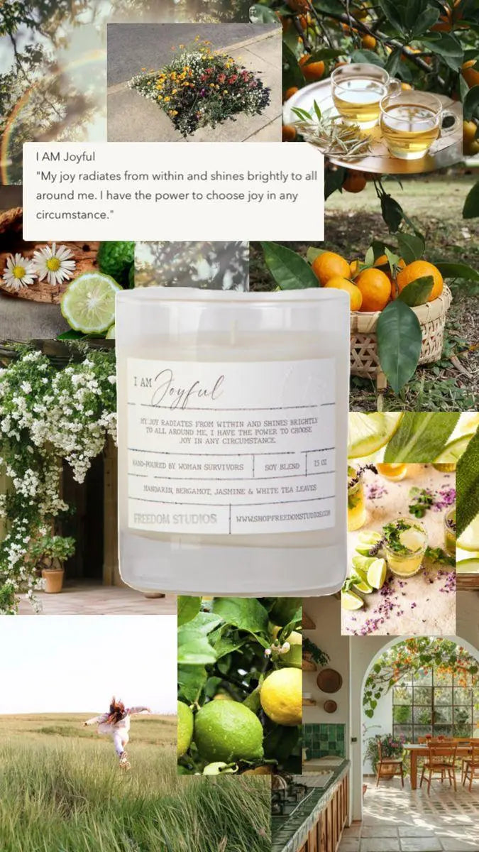 I Am Joyful soy candle with mandarin bergamot scent, farmhouse decor, cozy cottage style home ambiance
