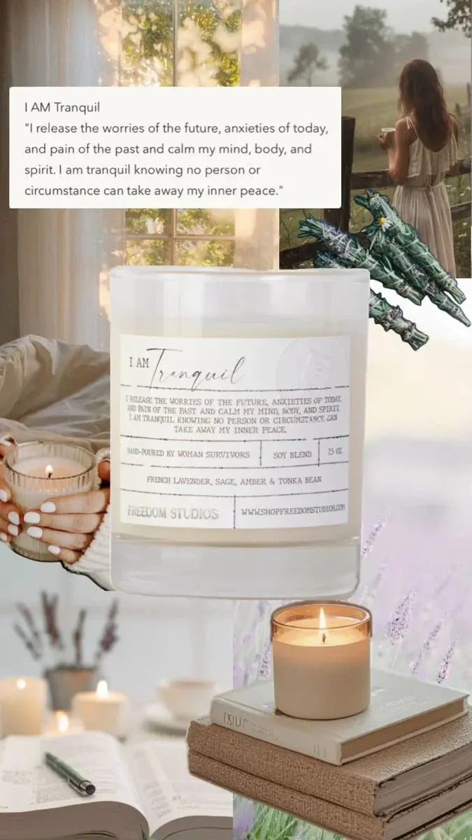 I Am Tranquil soy candle with lavender sage scent, cozy farmhouse decor for calm mindful moments