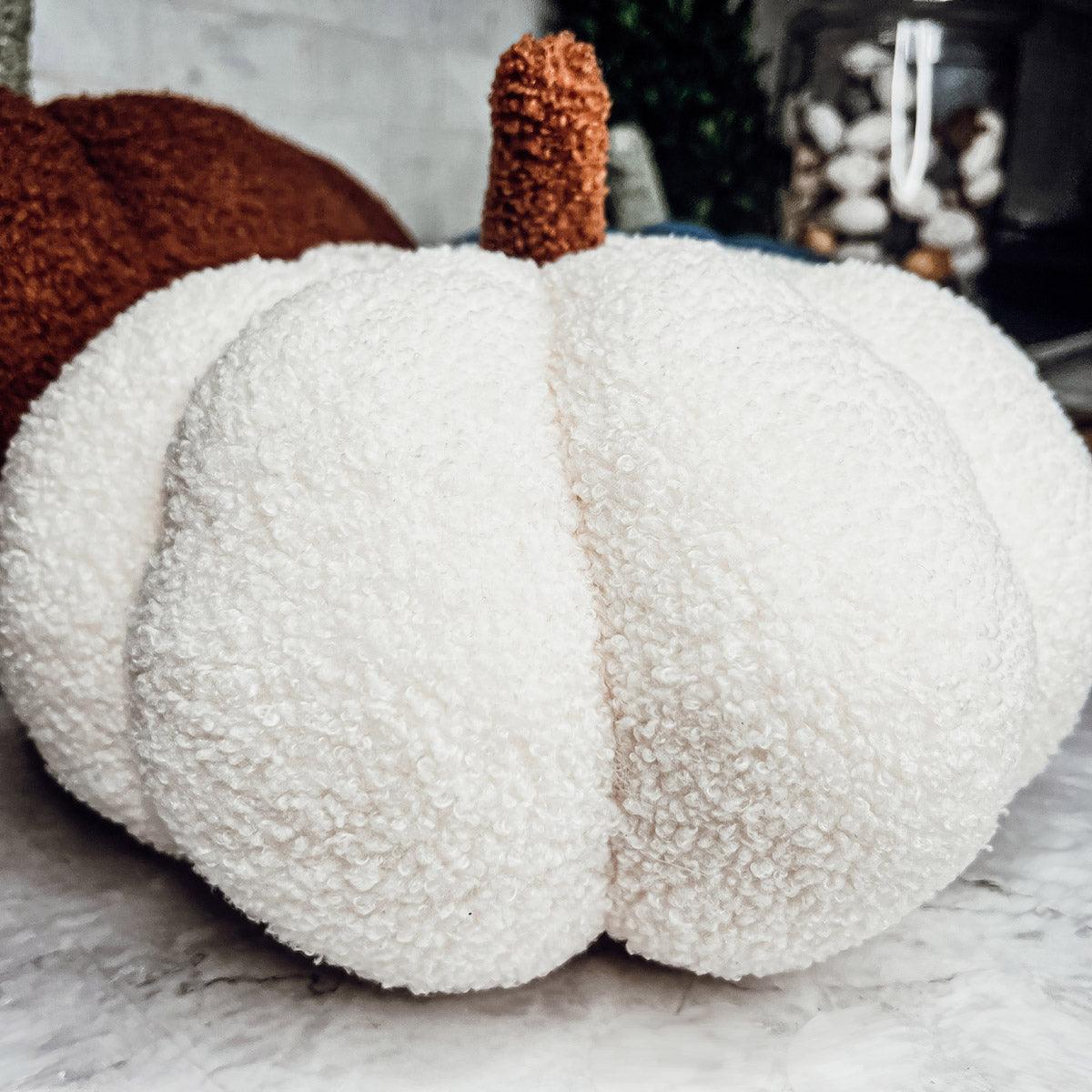 White textured pumpkin with a brown stem on a neutral background