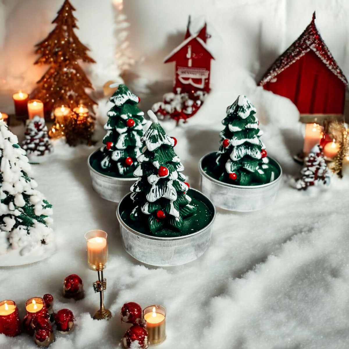 Decorative Christmas scene with small trees, candles, and festive elements on a snowy background.
