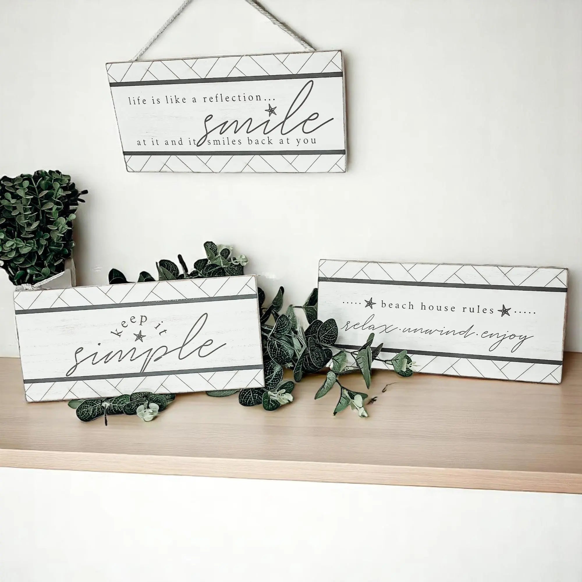 Cozy farmhouse signs with inspirational quotes, greenery, and rustic decor for peaceful living spaces