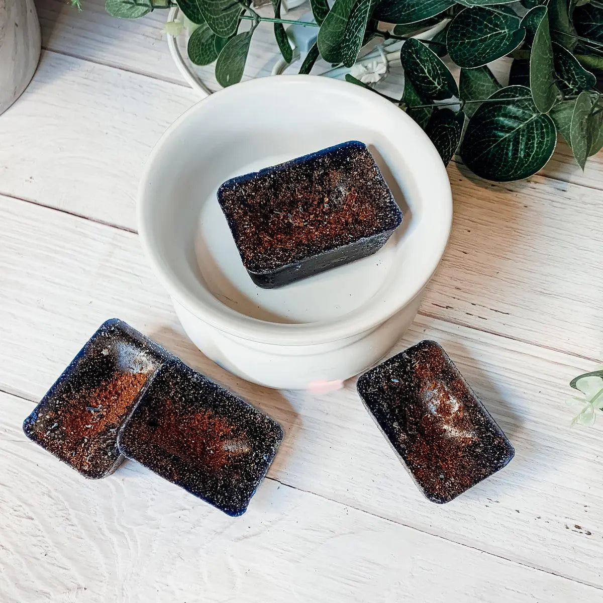 Three dark-colored soap bars on a white plate with green leaves in the background