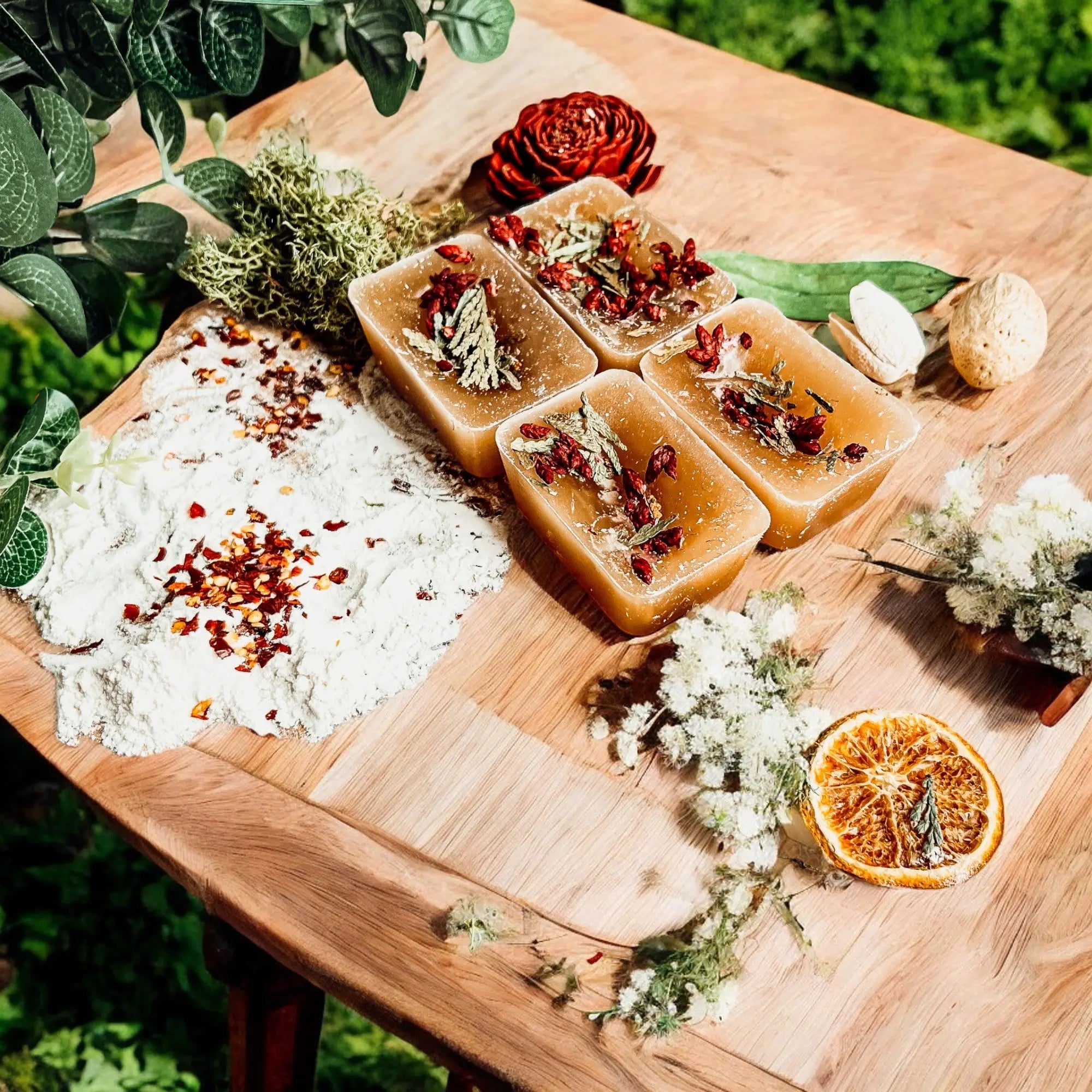 Wooden cutting board with soap bars and decorative elements on a natural background