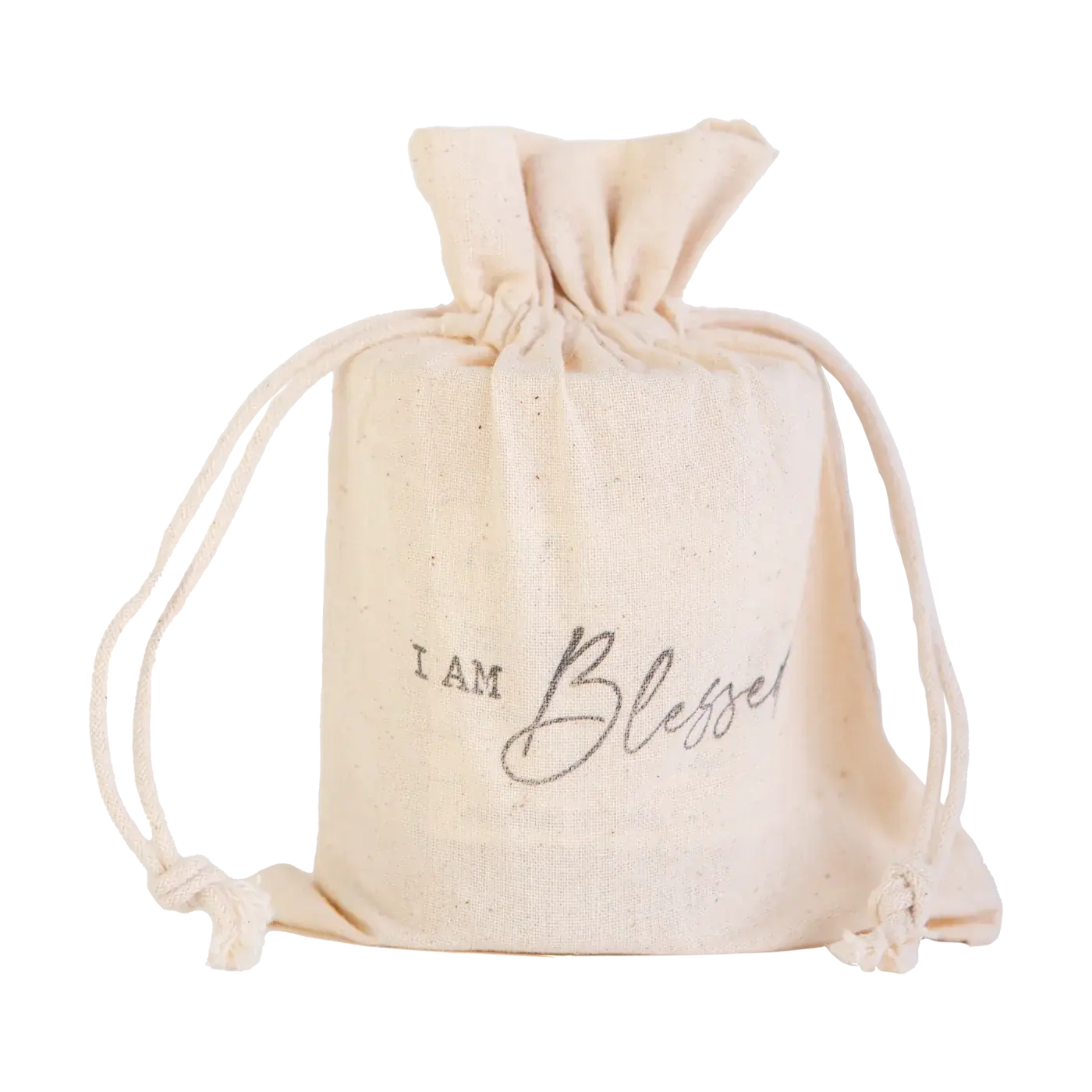 Natural cotton drawstring bag with 'I AM Blessed' print, cozy farmhouse decor gift