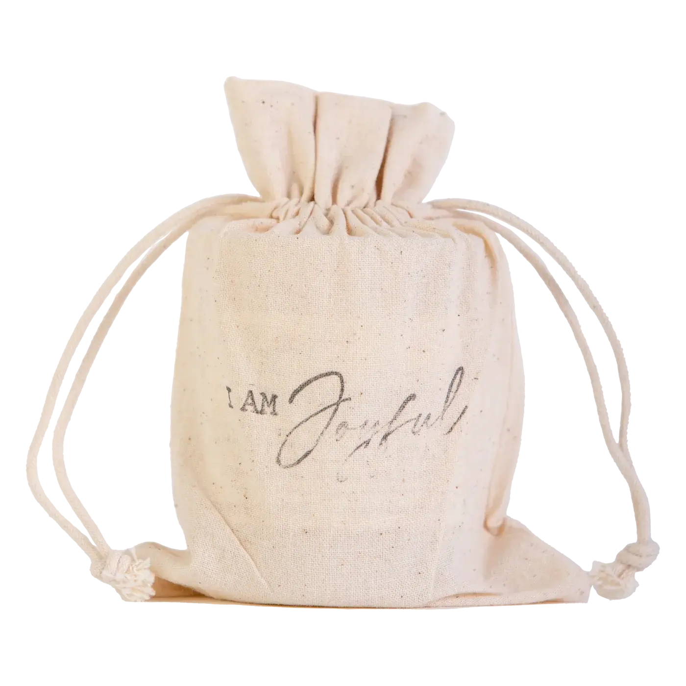 Natural linen drawstring bag with 'I AM Joyful' script, cozy farmhouse decor gift