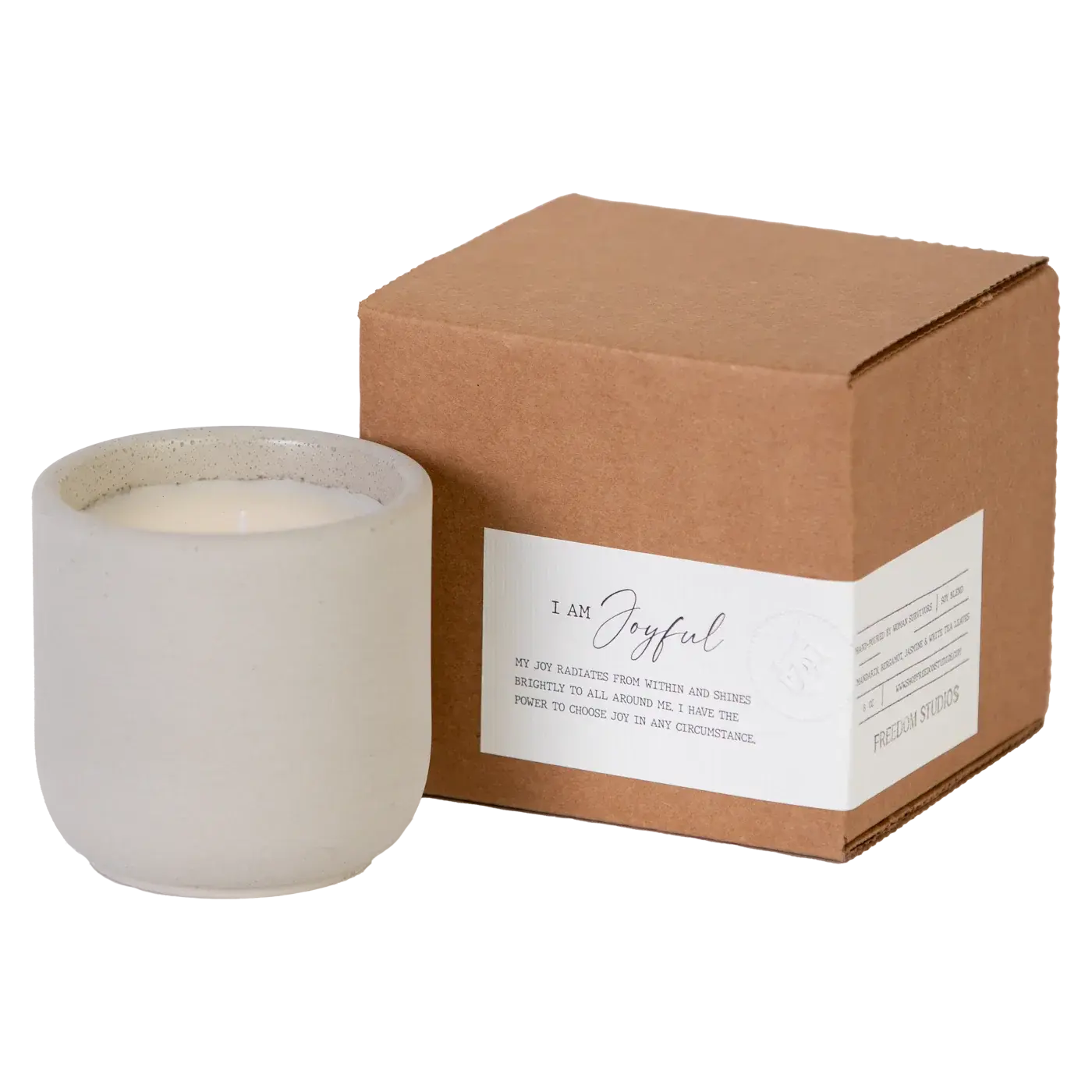 I Am Joyful soy candle in speckled ceramic jar with kraft box, farmhouse home decor